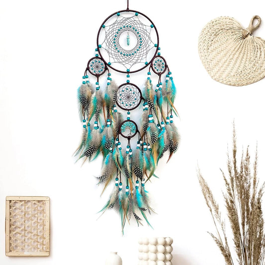 Large turquoise-color five-ring dream catcher wall hanging by Pixcrown — view 2