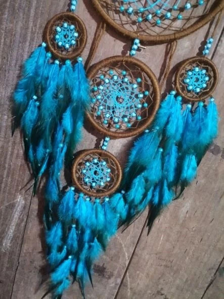Pixcrown Handmade Brown & Turquoise 5-Ring Dream Catcher Wall Hanging – Boho Mandala Décor with Feathers