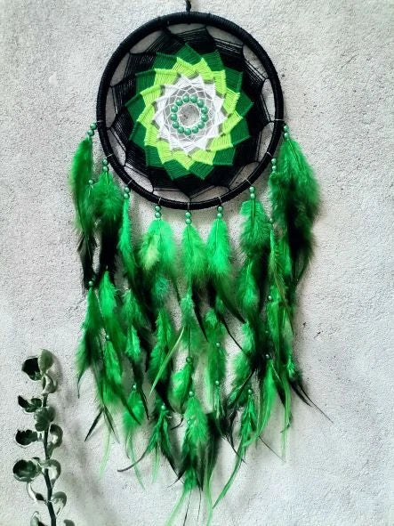 Pixcrown Handmade Green Dream Catcher Wall Hanging – Boho Wooden Ring Décor with Feathers