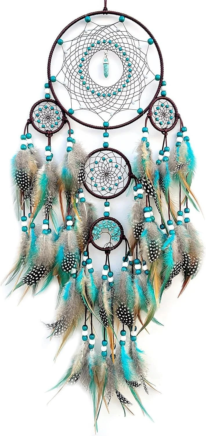 Pixcrown Large Handmade Turquoise Dream Catcher Wall Hanging – 5-Ring with Feathers & Crystal Pendant