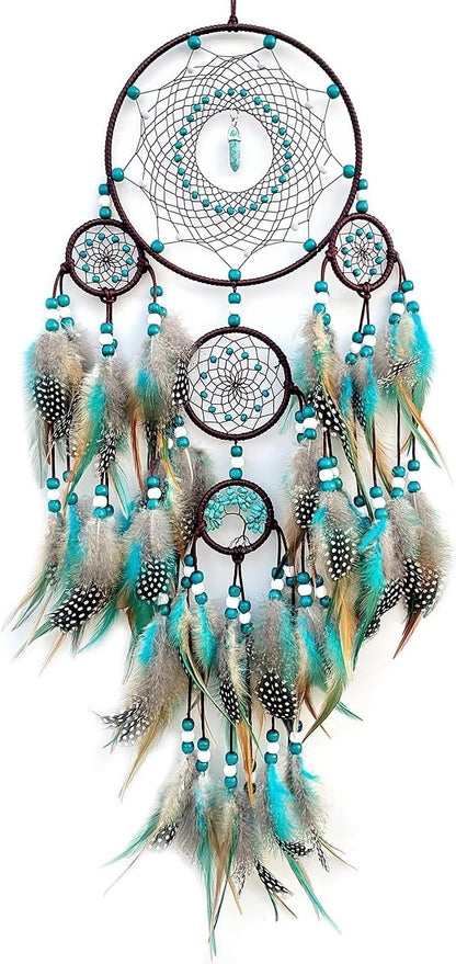 Pixcrown Large Handmade Turquoise Dream Catcher Wall Hanging – 5-Ring with Feathers & Crystal Pendant