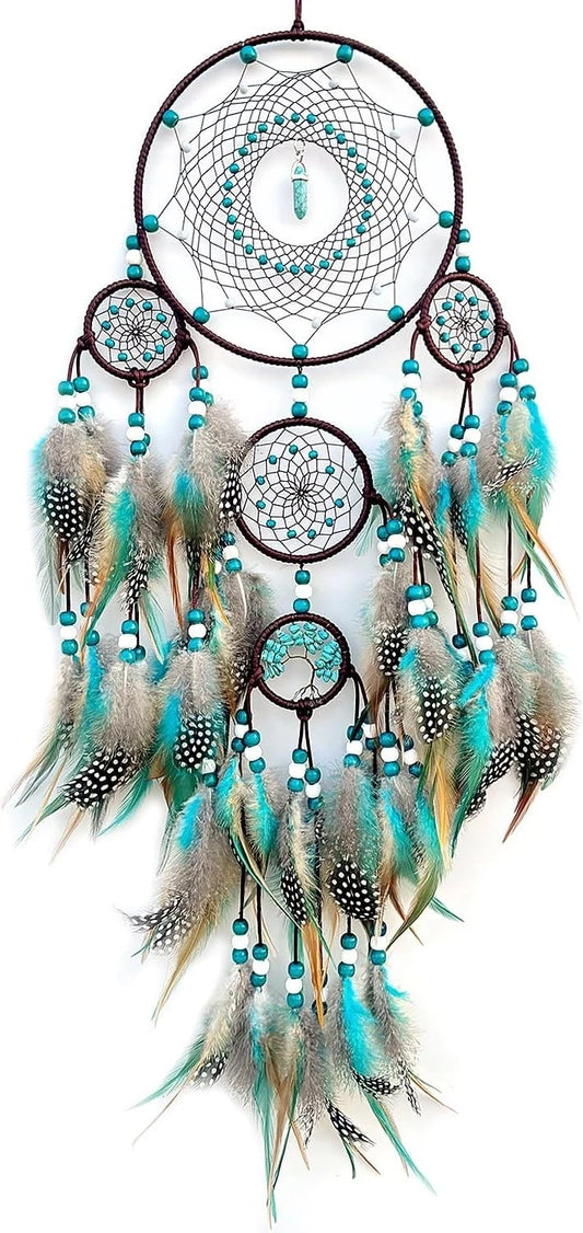 Pixcrown Large Boho Handmade Woven Turquoise Dream Catcher Wall Hanging – 5-Ring with Feathers & Crystal