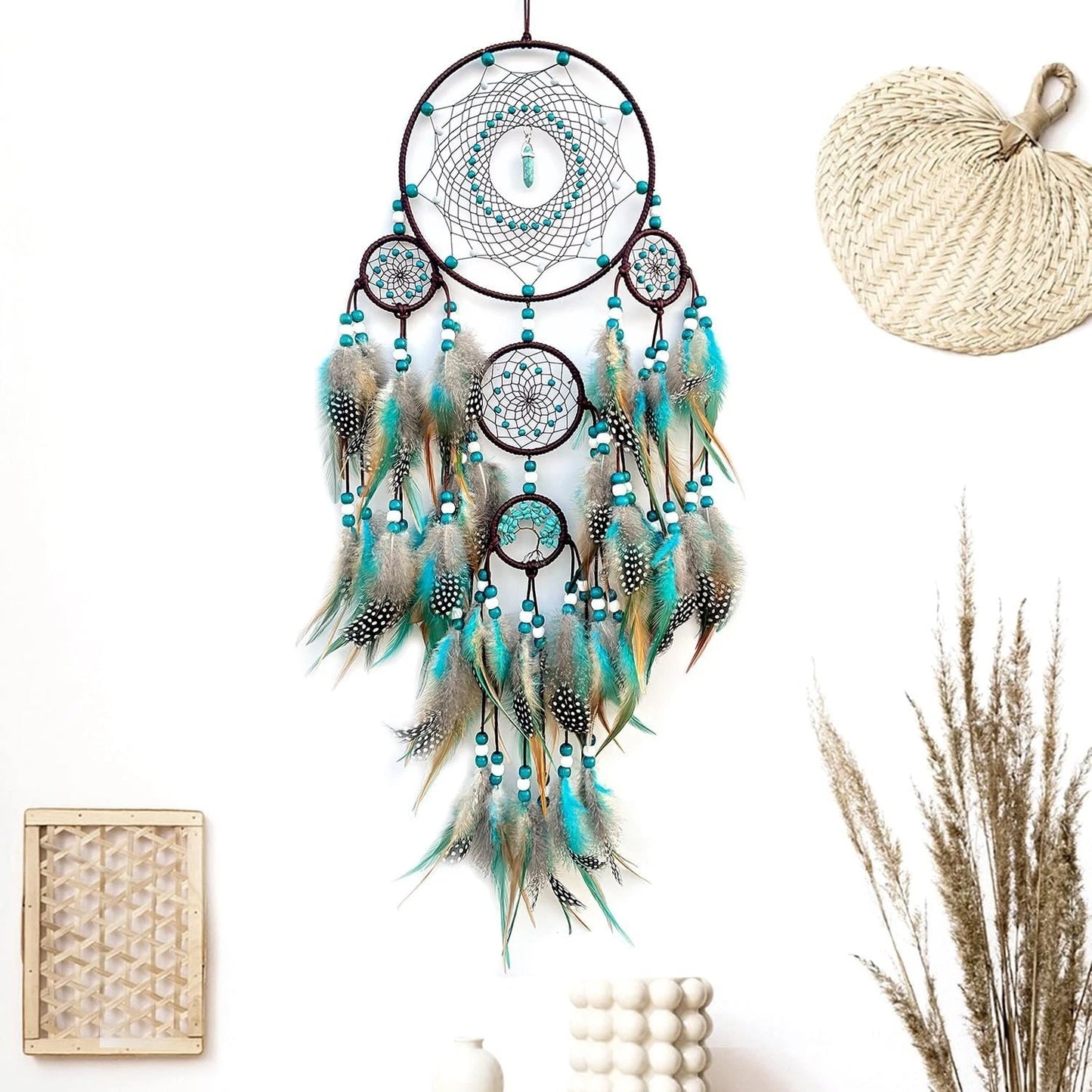 Pixcrown Large Handmade Turquoise Dream Catcher Wall Hanging – 5-Ring with Feathers & Crystal Pendant