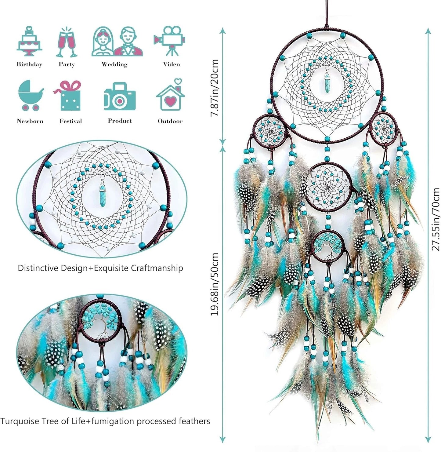 Pixcrown Large Handmade Turquoise Dream Catcher Wall Hanging – 5-Ring with Feathers & Crystal Pendant