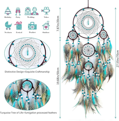 Pixcrown Large Handmade Turquoise Dream Catcher Wall Hanging – 5-Ring with Feathers & Crystal Pendant