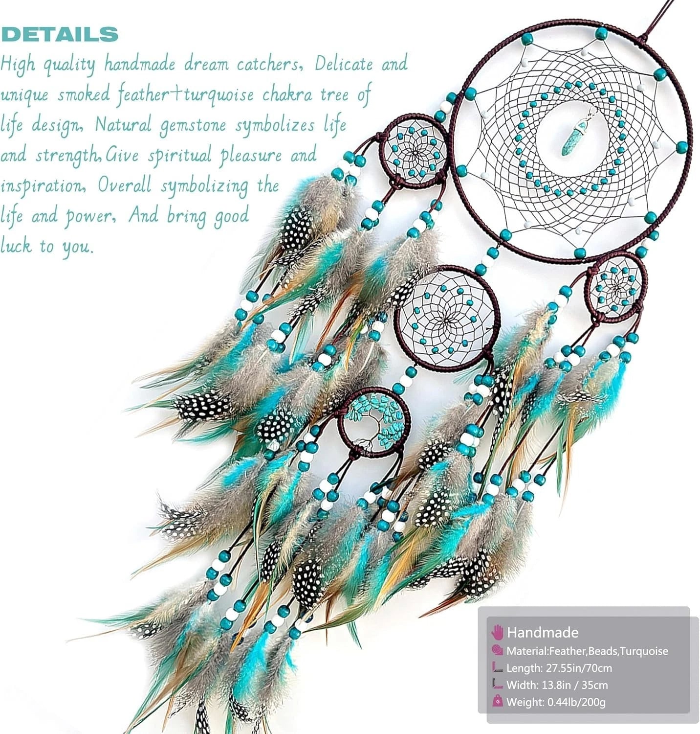 Pixcrown Large Handmade Turquoise Dream Catcher Wall Hanging – 5-Ring with Feathers & Crystal Pendant