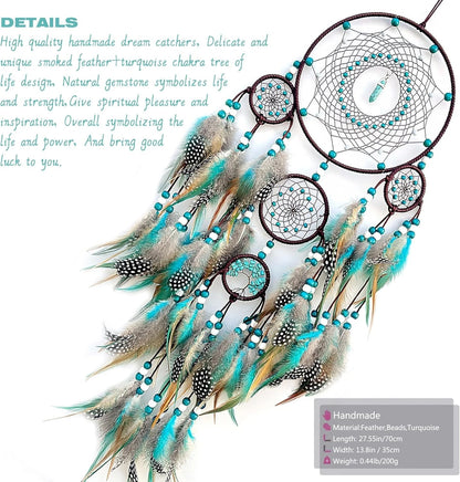 Pixcrown Large Handmade Turquoise Dream Catcher Wall Hanging – 5-Ring with Feathers & Crystal Pendant