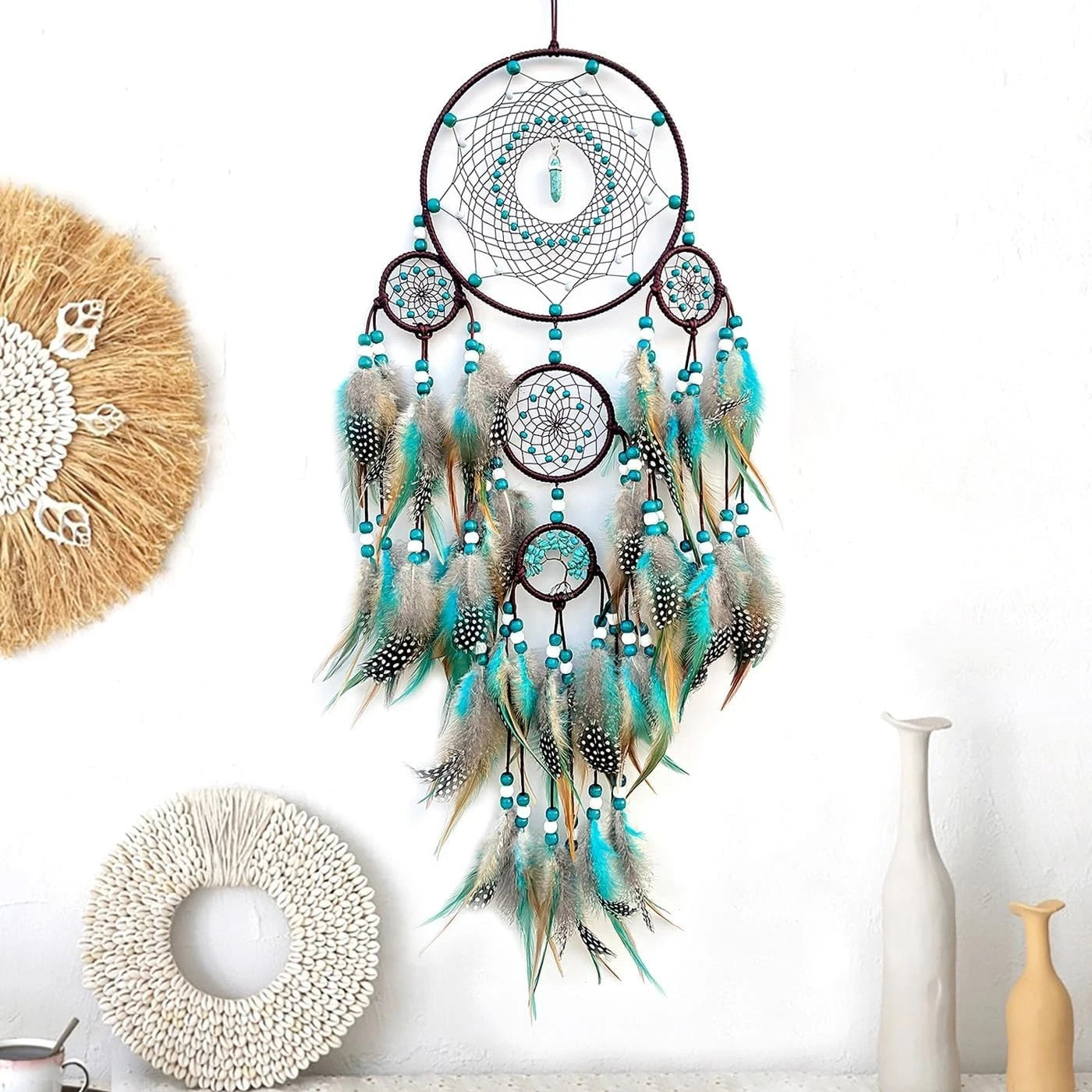 Pixcrown Large Handmade Turquoise Dream Catcher Wall Hanging – 5-Ring with Feathers & Crystal Pendant