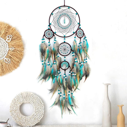 Pixcrown Large Handmade Turquoise Dream Catcher Wall Hanging – 5-Ring with Feathers & Crystal Pendant