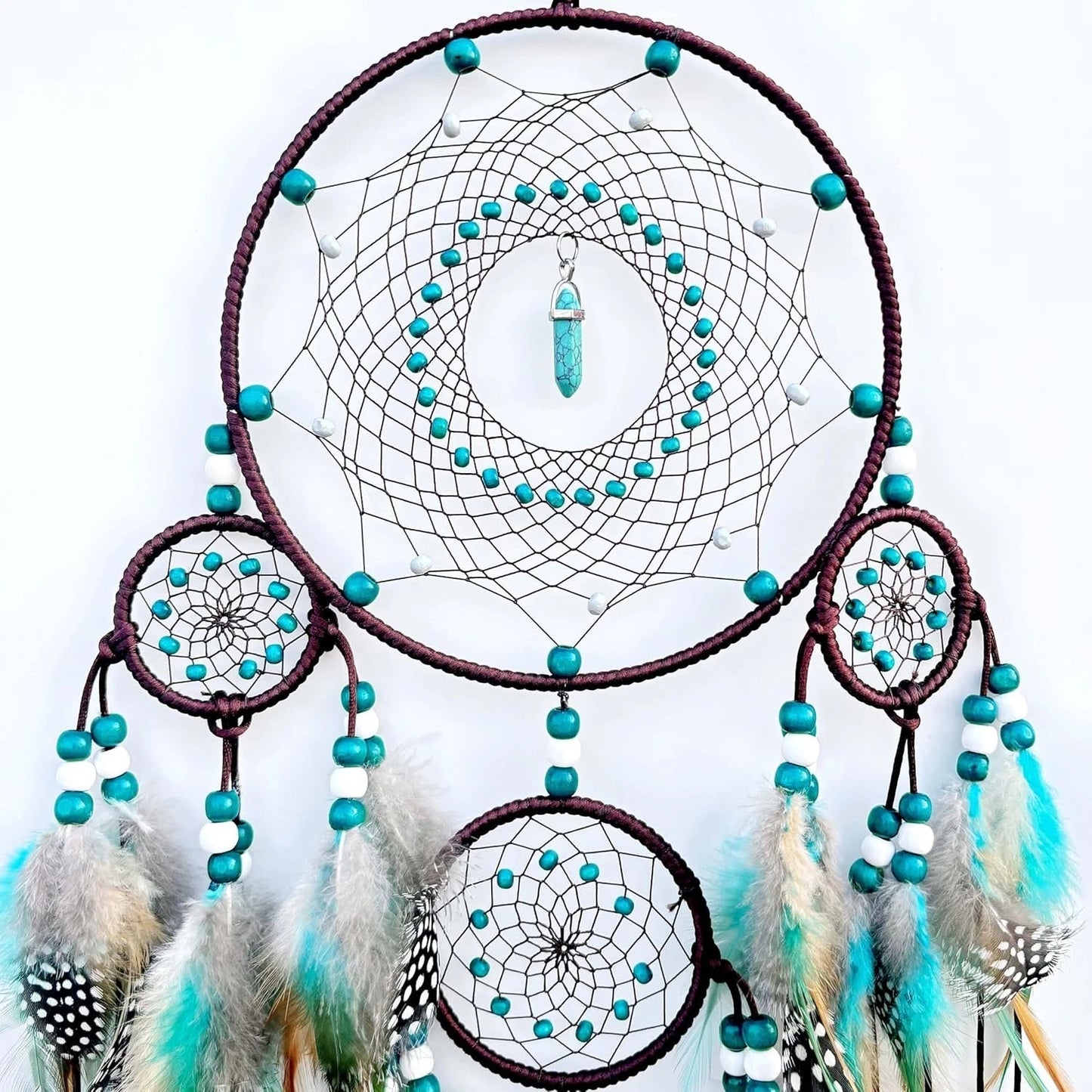Pixcrown Large Handmade Turquoise Dream Catcher Wall Hanging – 5-Ring with Feathers & Crystal Pendant