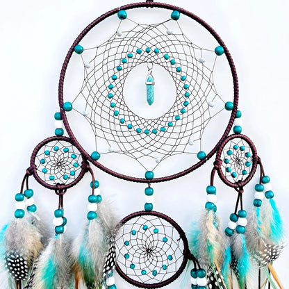 Pixcrown Large Handmade Turquoise Dream Catcher Wall Hanging – 5-Ring with Feathers & Crystal Pendant