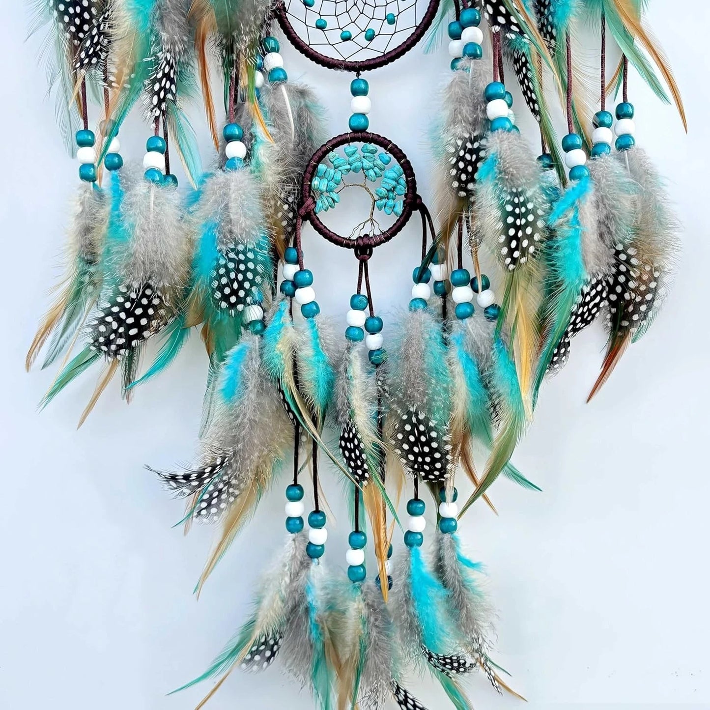Pixcrown Large Handmade Turquoise Dream Catcher Wall Hanging – 5-Ring with Feathers & Crystal Pendant
