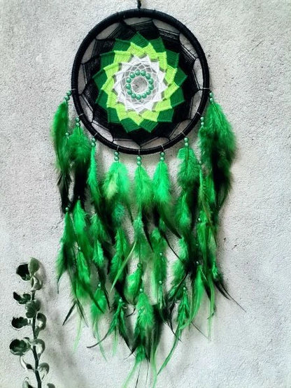 Pixcrown Handmade Green Dream Catcher Wall Hanging – Boho Wooden Ring Decor with Feathers