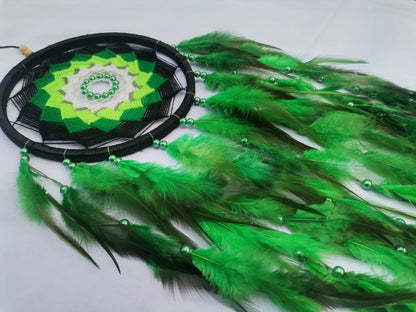 Pixcrown Handmade Green Dream Catcher Wall Hanging – Boho Wooden Ring Decor with Feathers