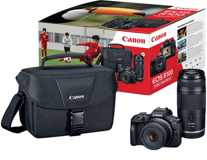Canon EOS R100 4K Mirrorless Camera Double Zoom Lens Kit with RF-S 18-45mm & RF 75-300mm Lenses – Black (Brand New)