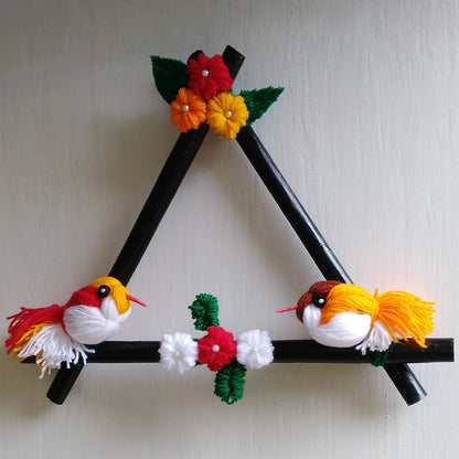 Pixcrown Handmade Love Birds Wall Hanging – Triangular Wooden Frame with Yarn Birds & Crochet Flowers
