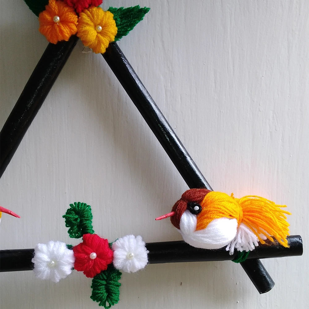 Pixcrown Handmade Love Birds Wall Hanging – Triangular Wooden Frame with Yarn Birds & Crochet Flowers
