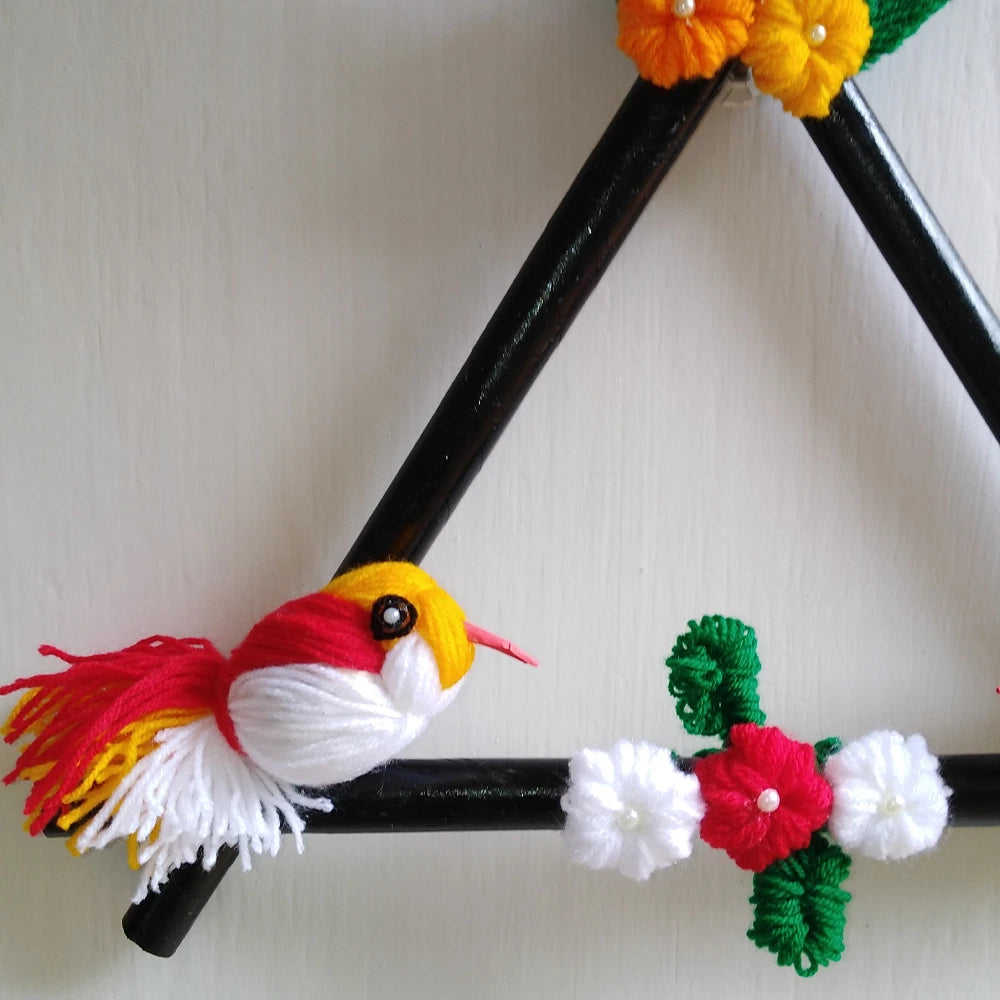 Pixcrown Handmade Love Birds Wall Hanging – Triangular Wooden Frame with Yarn Birds & Crochet Flowers