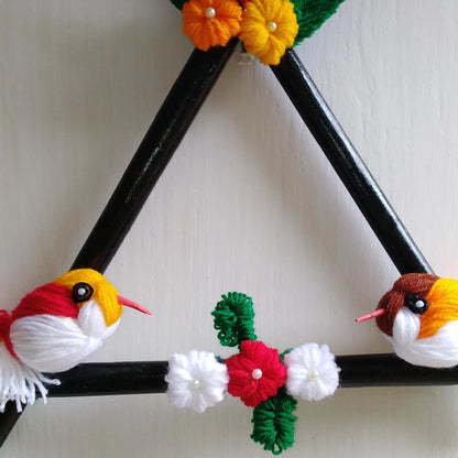 Pixcrown Handmade Love Birds Wall Hanging – Triangular Wooden Frame with Yarn Birds & Crochet Flowers