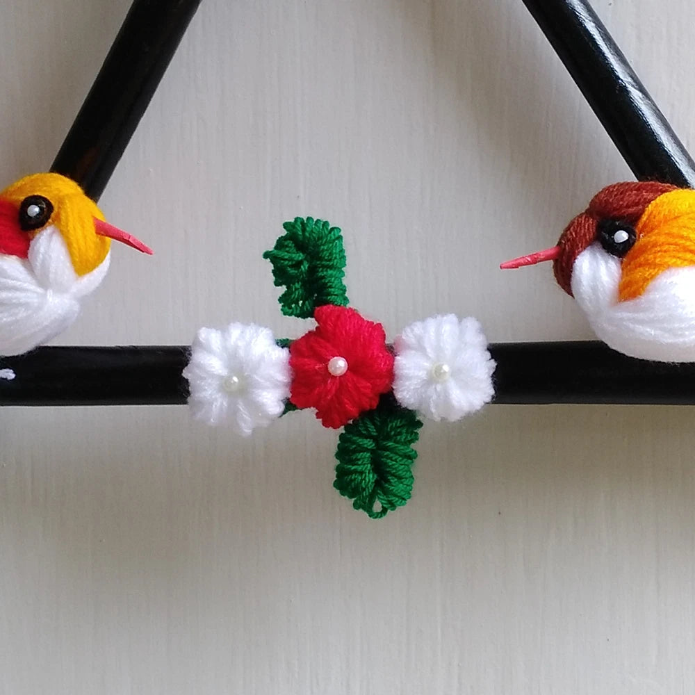 Pixcrown Handmade Love Birds Wall Hanging – Triangular Wooden Frame with Yarn Birds & Crochet Flowers