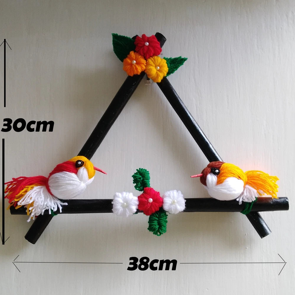 Pixcrown Handmade Love Birds Wall Hanging – Triangular Wooden Frame with Yarn Birds & Crochet Flowers