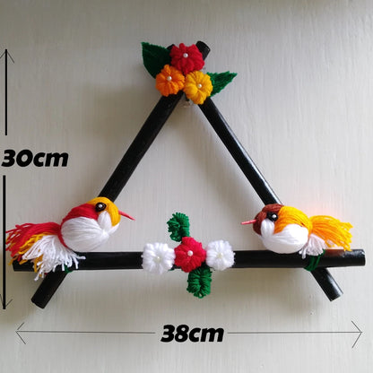 Pixcrown Handmade Love Birds Wall Hanging – Triangular Wooden Frame with Yarn Birds & Crochet Flowers