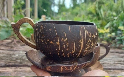 Pixcrown Handmade Coconut Shell Mug with Lotus Flower Saucer – Natural Eco-Friendly Cup