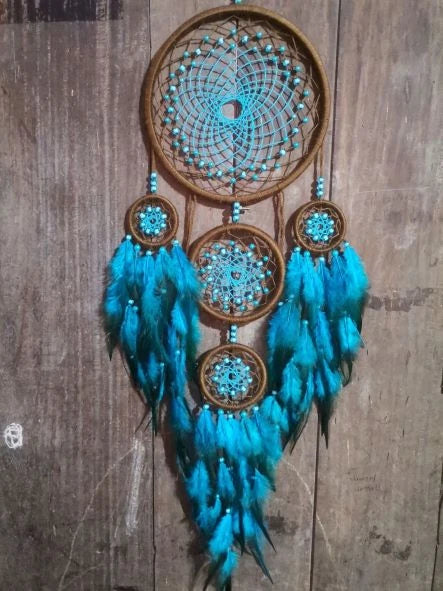 Pixcrown Handmade Brown & Turquoise 5-Ring Dream Catcher Wall Hanging – Boho Mandala Decor with Feathers