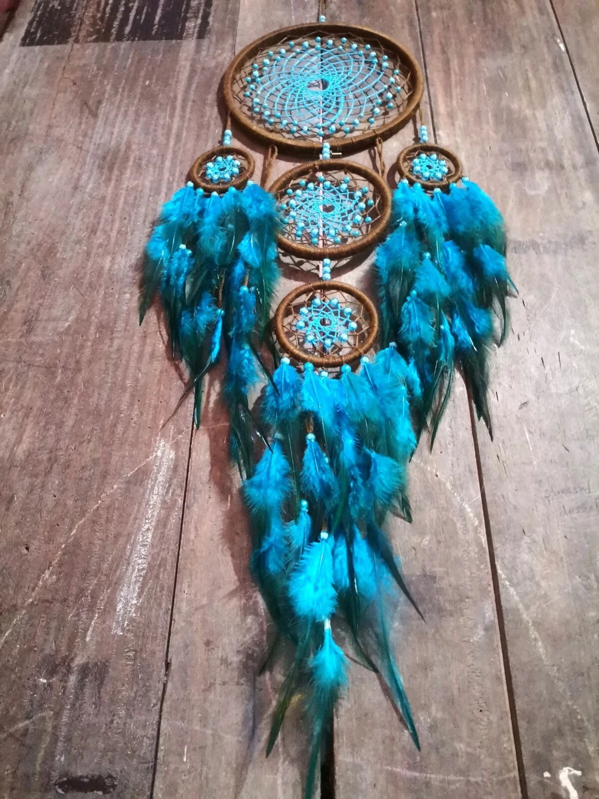 Pixcrown Handmade Brown & Turquoise 5-Ring Dream Catcher Wall Hanging – Boho Mandala Decor with Feathers
