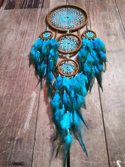 Pixcrown Handmade Brown & Turquoise 5-Ring Dream Catcher Wall Hanging – Boho Mandala Decor with Feathers