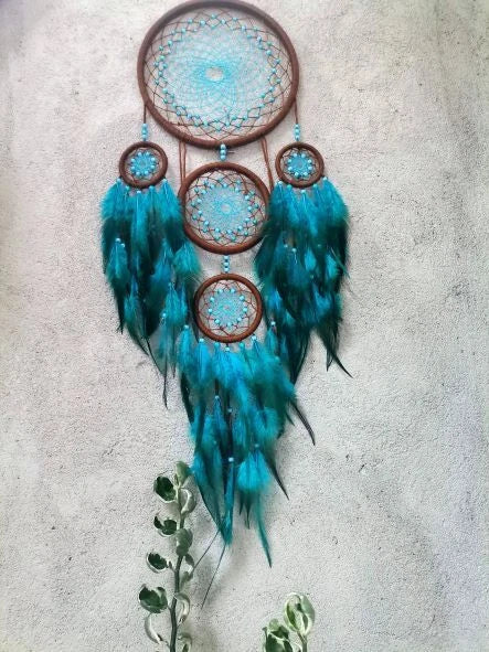 Pixcrown Handmade Brown & Turquoise 5-Ring Dream Catcher Wall Hanging – Boho Mandala Decor with Feathers