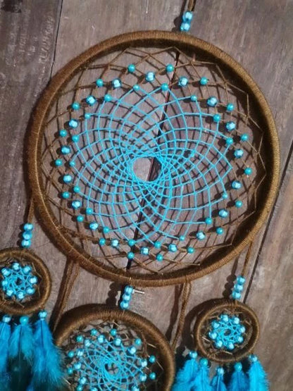 Pixcrown Handmade Brown & Turquoise 5-Ring Dream Catcher Wall Hanging – Boho Mandala Decor with Feathers