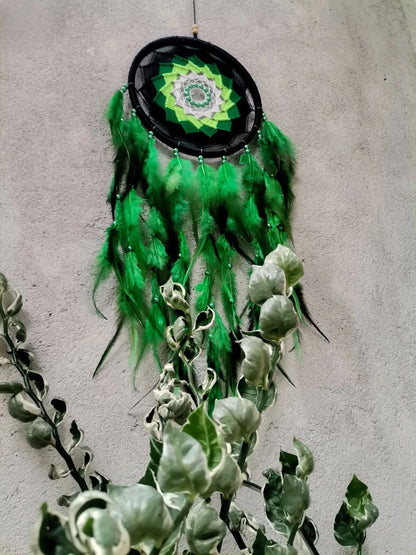 Pixcrown Handmade Green Dream Catcher Wall Hanging – Boho Wooden Ring Decor with Feathers