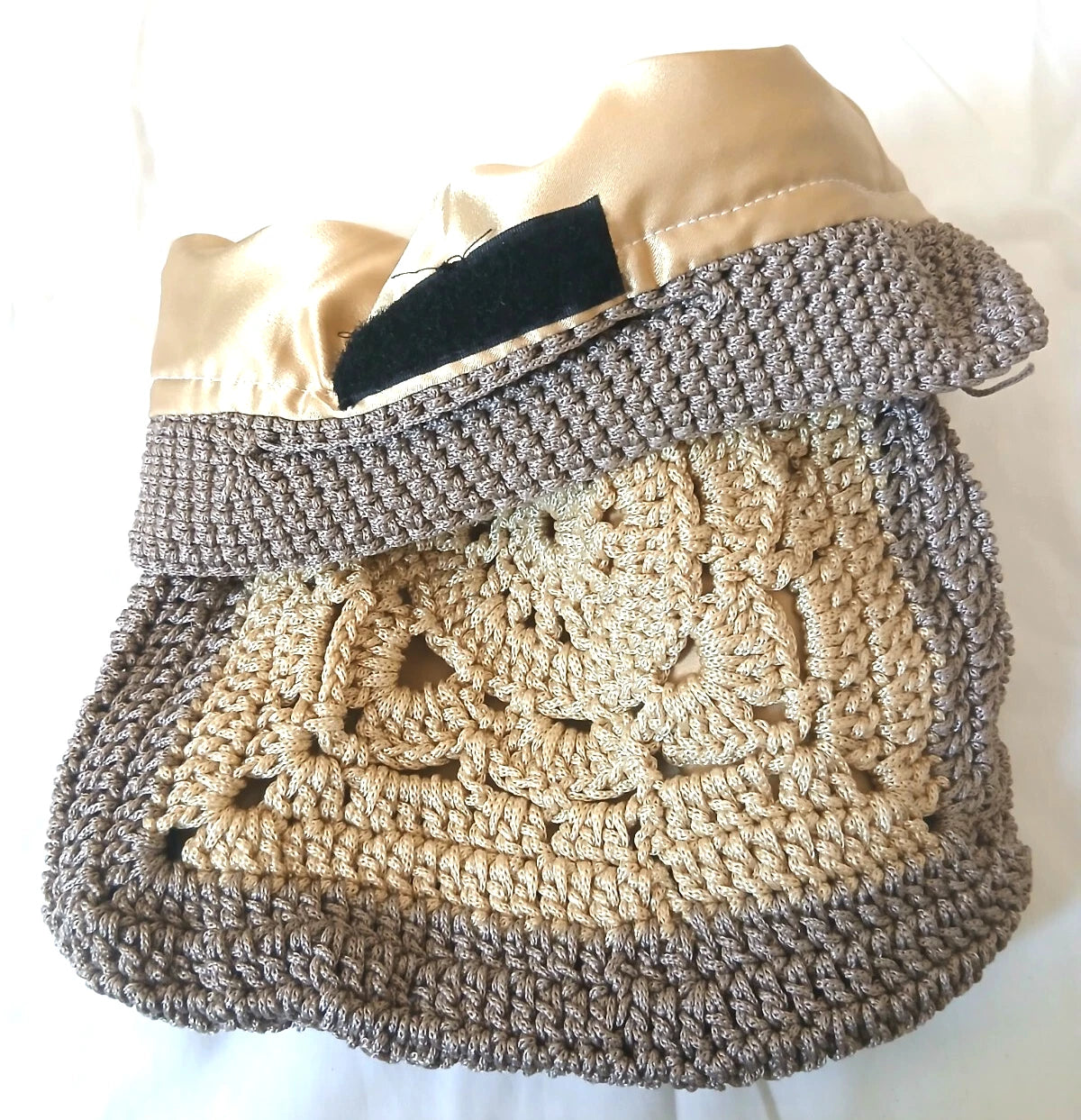 Pixcrown Handmade Crochet Granny Square Handbag for Women – Boho Bag with Gold Satin Lining