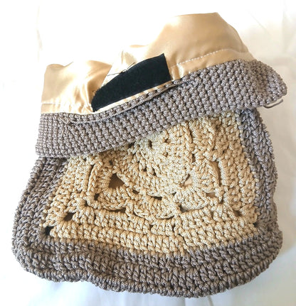Pixcrown Handmade Crochet Granny Square Handbag for Women – Boho Bag with Gold Satin Lining