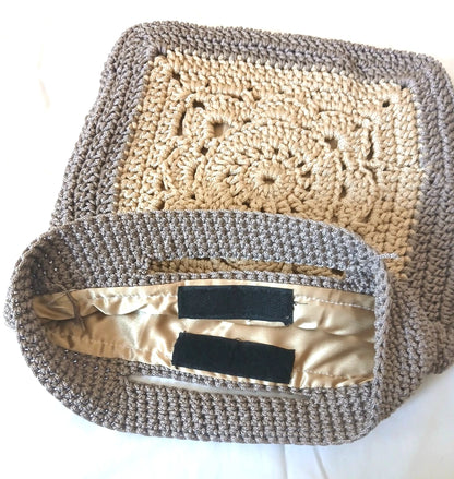 Pixcrown Handmade Crochet Granny Square Handbag for Women – Boho Bag with Gold Satin Lining