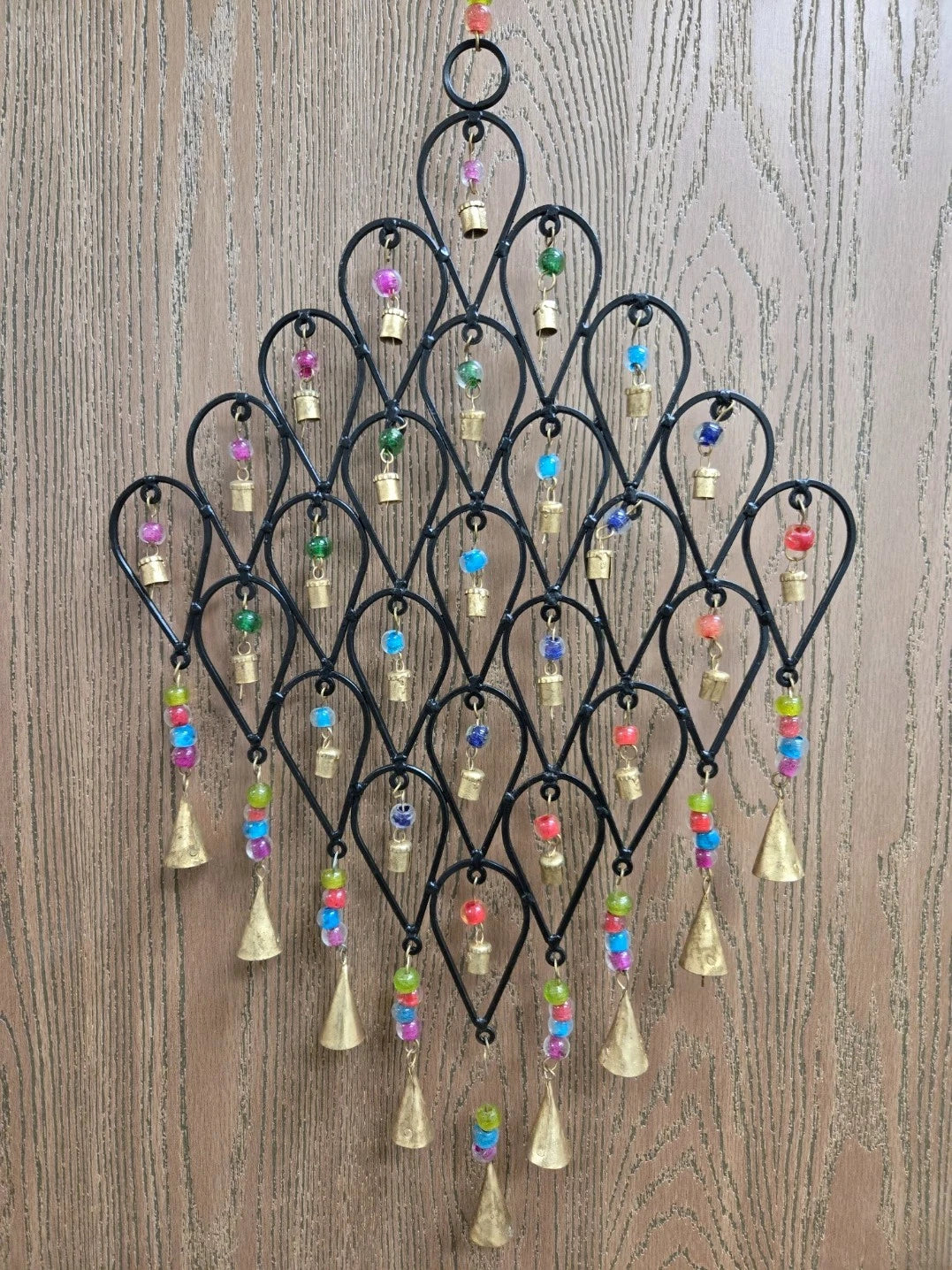 Pixcrown Handmade Diamond Flower Iron Metal Wind Chime – Brass Bells with Colourful Glass Beads