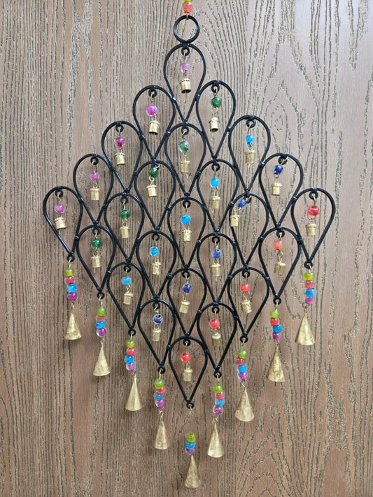 Pixcrown Handmade Diamond Flower Iron Metal Wind Chime – Brass Bells with Colourful Glass Beads Wall Hanging