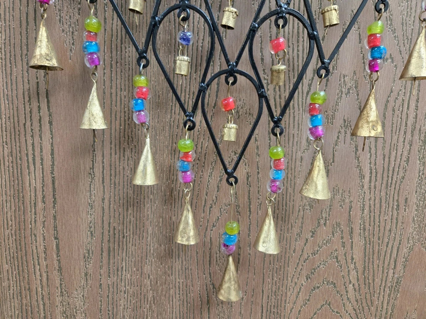 Pixcrown Handmade Diamond Flower Iron Metal Wind Chime – Brass Bells with Colourful Glass Beads