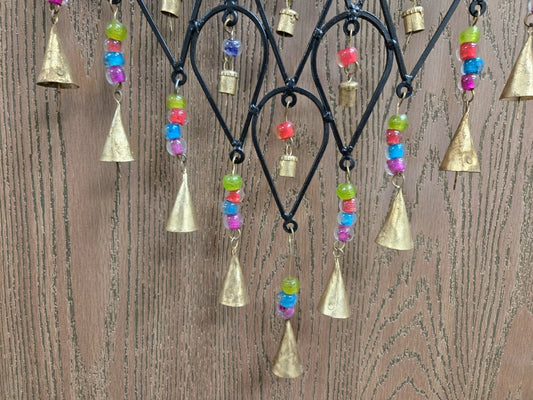 Pixcrown Handmade Diamond Flower Iron Metal Wind Chime – Brass Bells with Colourful Glass Beads Wall Hanging