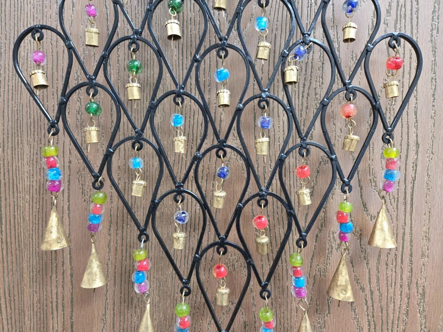 Pixcrown Handmade Diamond Flower Iron Metal Wind Chime – Brass Bells with Colourful Glass Beads