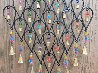 Pixcrown Handmade Diamond Flower Iron Metal Wind Chime – Brass Bells with Colourful Glass Beads