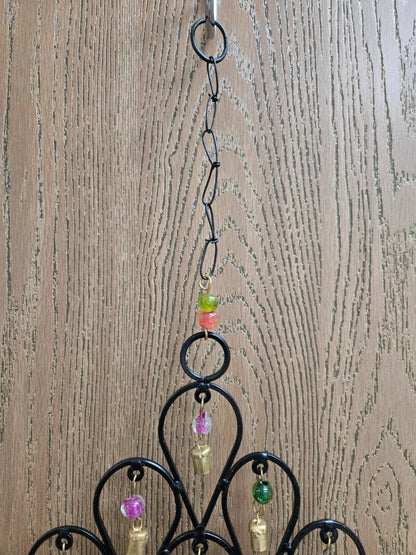 Pixcrown Handmade Diamond Flower Iron Metal Wind Chime – Brass Bells with Colourful Glass Beads