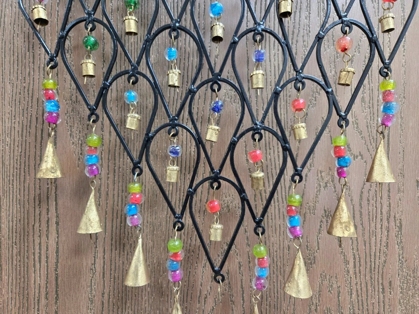 Pixcrown Handmade Diamond Flower Iron Metal Wind Chime – Brass Bells with Colourful Glass Beads