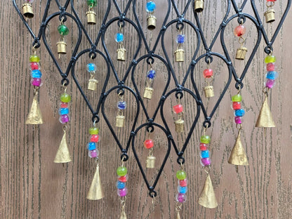 Pixcrown Handmade Diamond Flower Iron Metal Wind Chime – Brass Bells with Colourful Glass Beads