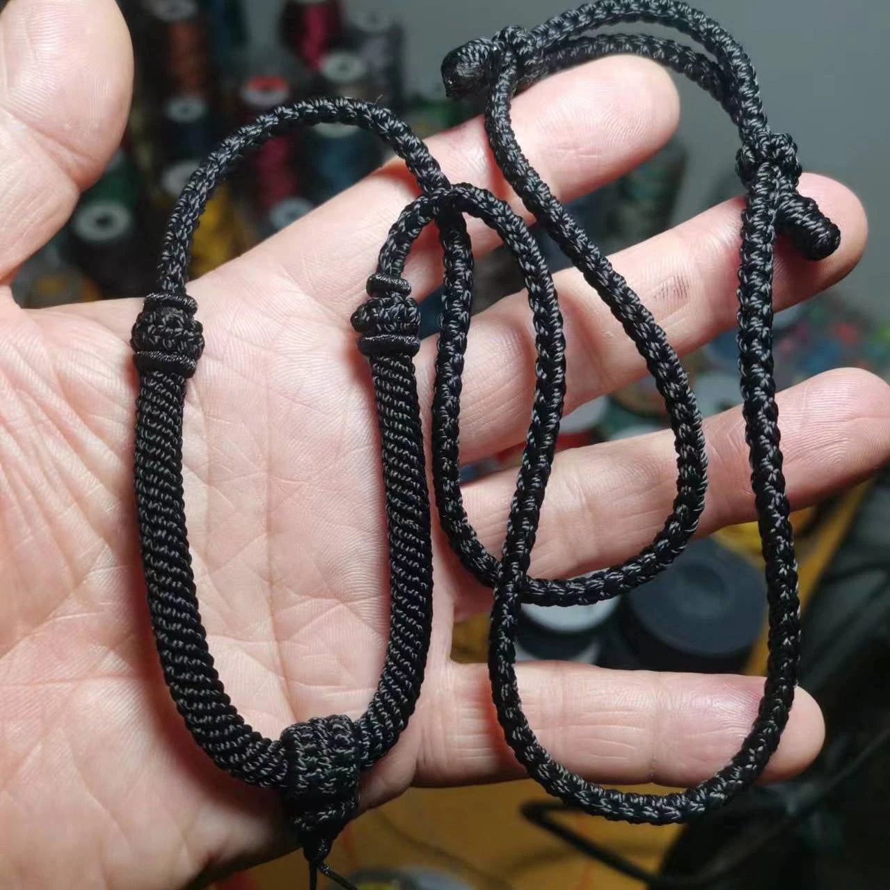 Adjustable black woven pendant cord necklace handmade by Pixcrown — view 1