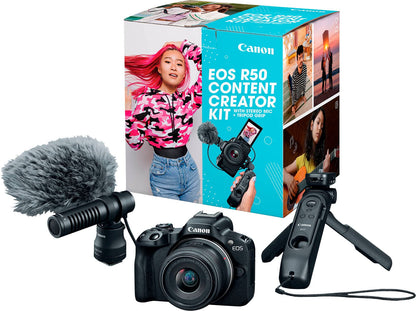 Canon EOS R50 4K Mirrorless Camera with RF-S 18-45mm F4.5-6.3 IS STM Lens – Content Creator Kit Black (Brand New)