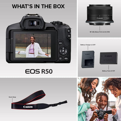Canon EOS R50 4K Mirrorless Camera with RF-S 18-45mm F4.5-6.3 IS STM Lens – Content Creator Kit Black (Brand New)