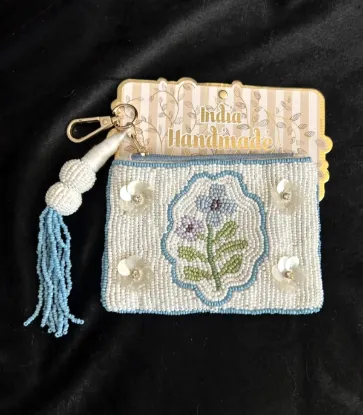 Picture of Handmade Indian Blue White Floral Beaded Travel Pouch Wallet
