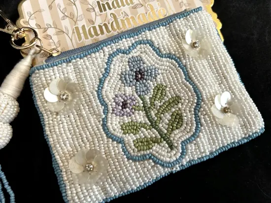 Picture of Handmade Indian Blue White Floral Beaded Zippered Travel Pouch Wallet
